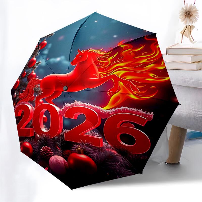 

1pc 2026 Fire Horse Automatic Folding Umbrella: Portable 3-Fold Design with 8-Bone Iron Frame, Perfect for Outdoor Use, Festive Gifts, Travelers, Dail
