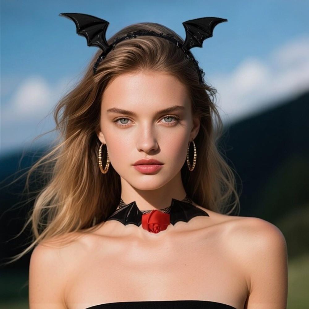 Flower Headband Necklace Set Mesh Halloween Hair Hoop Cute Bat Wings Hairband  Women