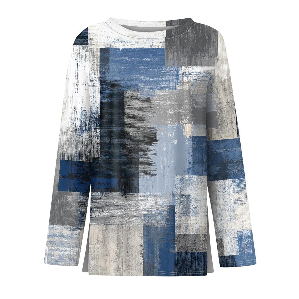 Women's Fashion Hem Slit Casual Retro Floral Print Round Neck Long Sleeve Top