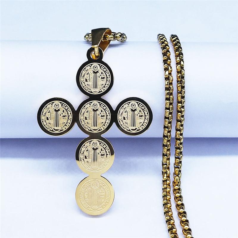 Saint Benedict Cross Necklace Stainless Steel Gold Color Religious Jesus Necklaces Catholic Jewelry colier homme NXH39S02