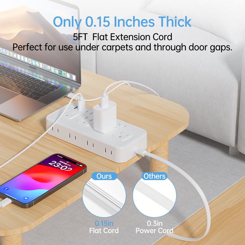 8 Holes Ac Outlet Us Plug Power Strip with 2 Usb Ports 2 Type C Fast Charge 5Ft Extra-Long Extension Cord Socket for Home Office