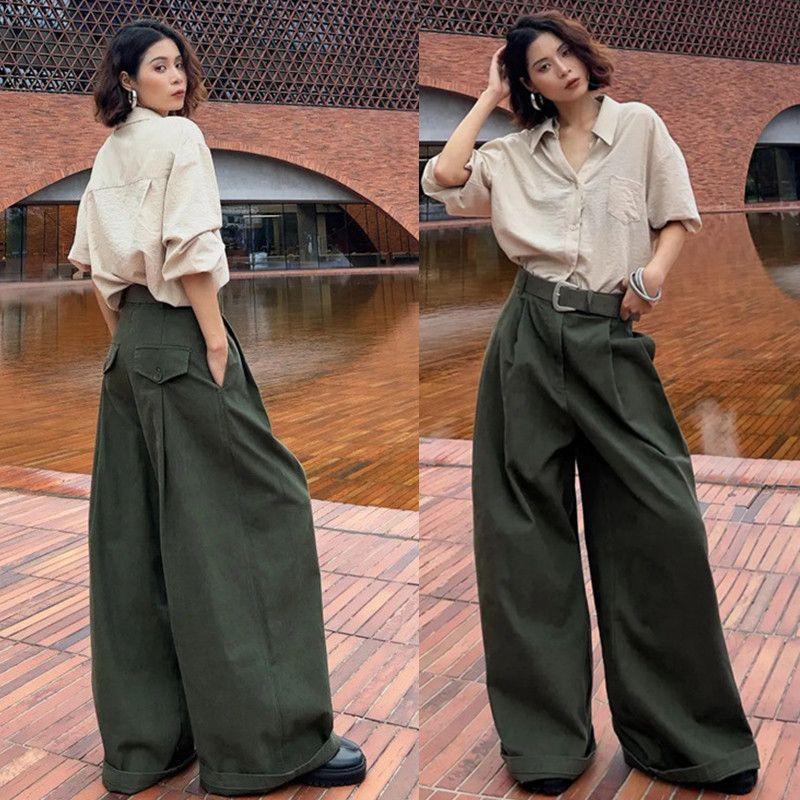 

Minimalist Old Qian Style Wide Feet Cargo Pants Women s Autumn Easiest for Match Cover Cross-Body Slimming and Straight Mop Wide-Leg Casual Pants Moss Green S
