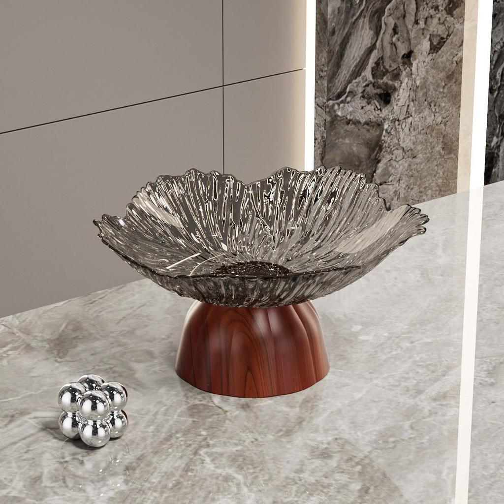 Transparente Obst- und Snack-Präsentationsplatte mit hohem Fuß: Modernes Licht-Luxus-Design für Wohnzimmer-Couchtische.