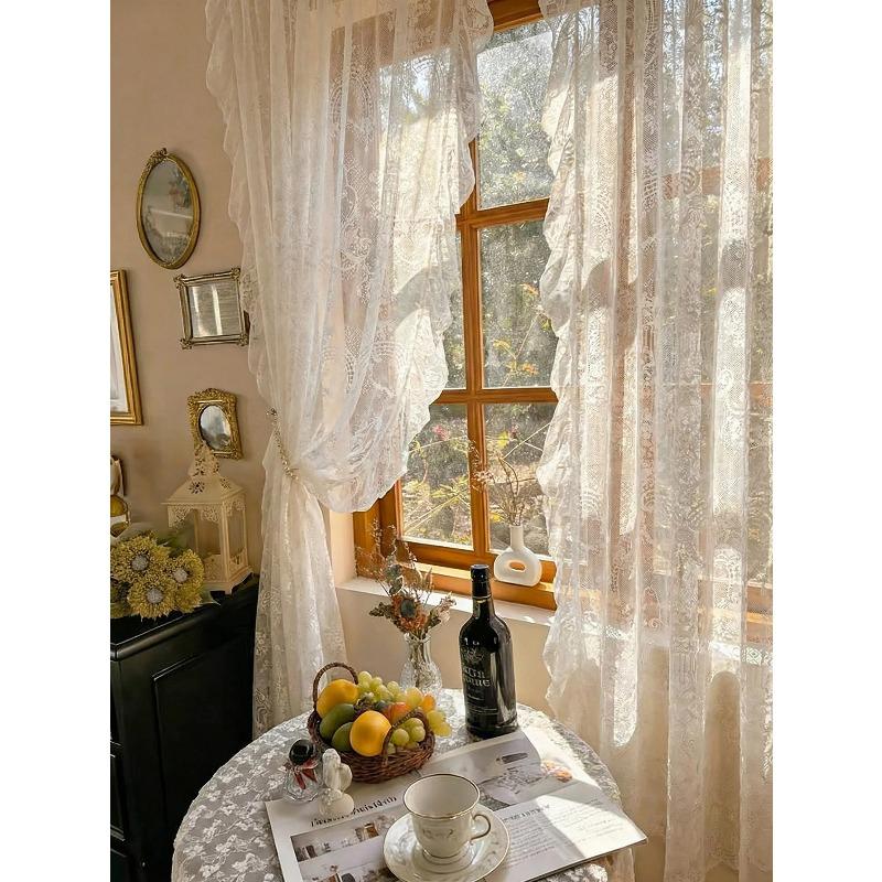 

Princess Style Lace Valance French Creamy Vintage Floating Curtains Transparent Tulle with Leaf Edge for Home Decor 140x100cm 1PC&Rod Pocket белый