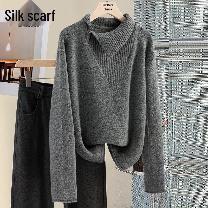 

Women s Merino Wool Blend Loose Fit Sweater with Stylish Collar One Size