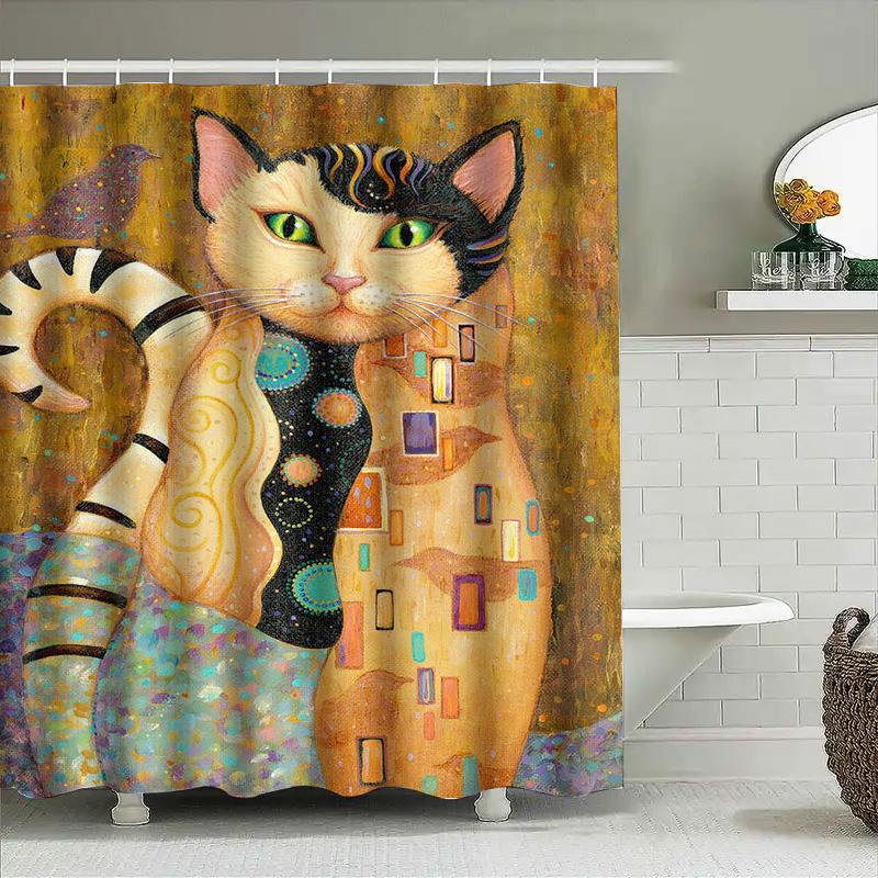 Stylish Cat Print Shower Curtain For Bathroom Decor Modern Artistic Design With Bird Motif 180X180Cm Size Available In Multiple