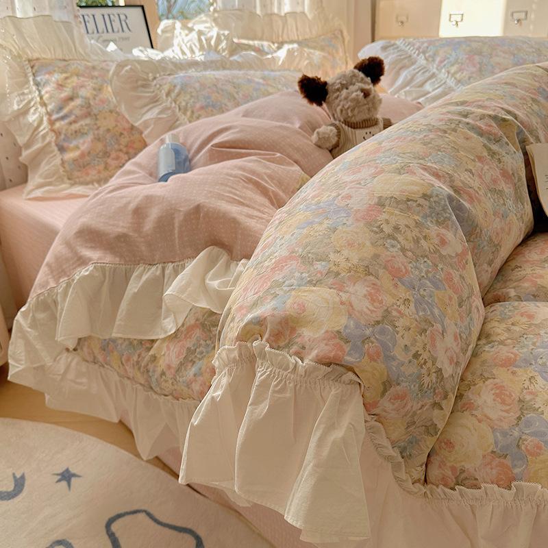 French Lace Bed Four-piece Set Pure Cotton Skin-friendly Comfortable Breathable Washed Bed Sheet Quilt Cover Pillowcase