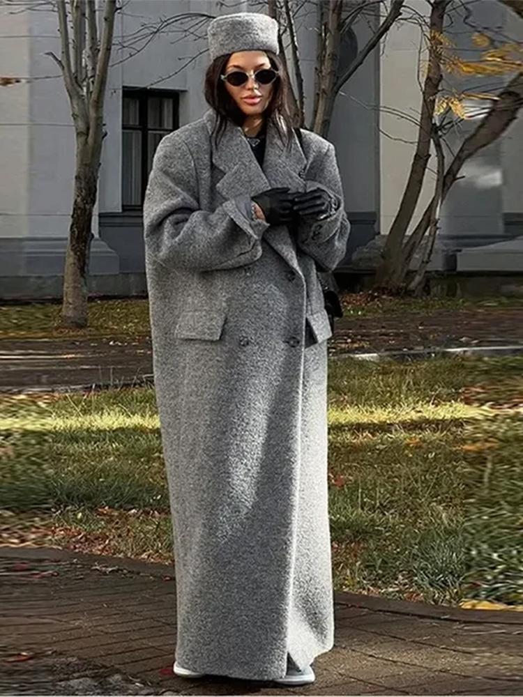 Palton Lung din Lână Artificială pentru Femei Palton cu Gât în V și Dublu Piept pentru Femei Palton Lung Gri pentru Femei, Rezistent la Vânt și Călduros Stil Clasic Minimalist