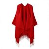 Solid Black Tassel Hem Open Front Poncho Cape Soft Faux Cashmere Wrap Shawl for Women