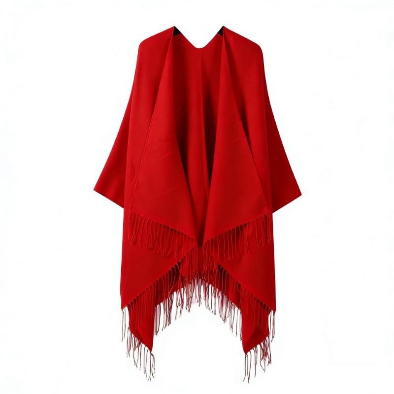 Solid Black Tassel Hem Open Front Poncho Cape Soft Faux Cashmere Wrap Shawl for Women