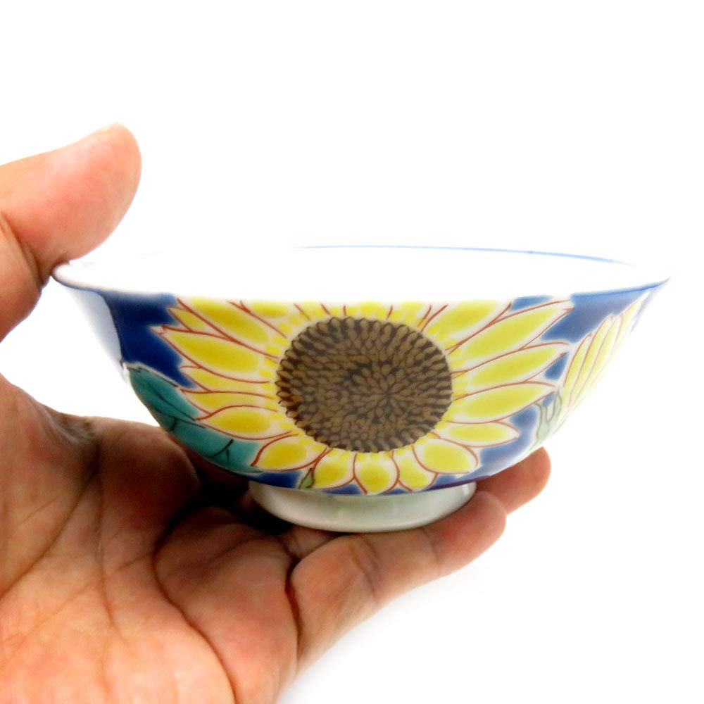 Waza no Kura Kutani Ware Rice Bowl with Sunflower Design, Ceramic, Luxury Brand, Japanese Tableware, Perfect Gift for 70th Birthday