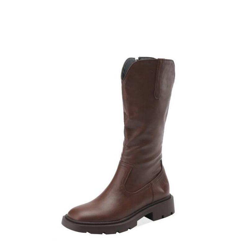 Autumn and Winter Round Head Medium Heel Large Size Fashion Boots Women's Square Heel Solid Color Side Zipper Thick Bottom Non-slip New Round H