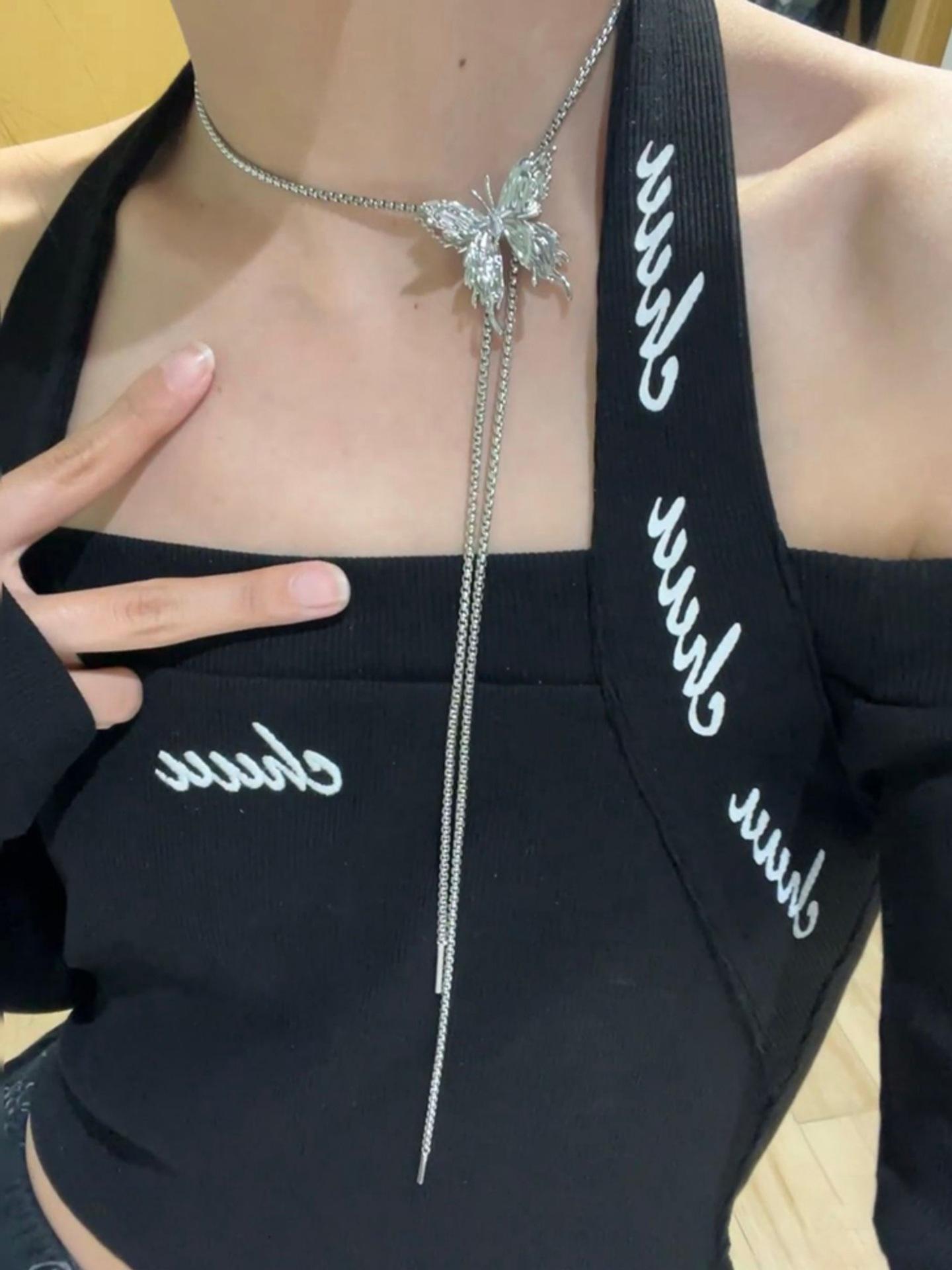 

Premium sense can be pulled silver butterfly fringed necklace women s light luxury niche design fashion temperament versatile collarbone chain