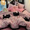 Pink Striped Cat Embroidery Bedding Set Korean Style Washing Cotton Cute Cardboard Duvet Cover Bed Sheet Pillowcases 3/4pcs