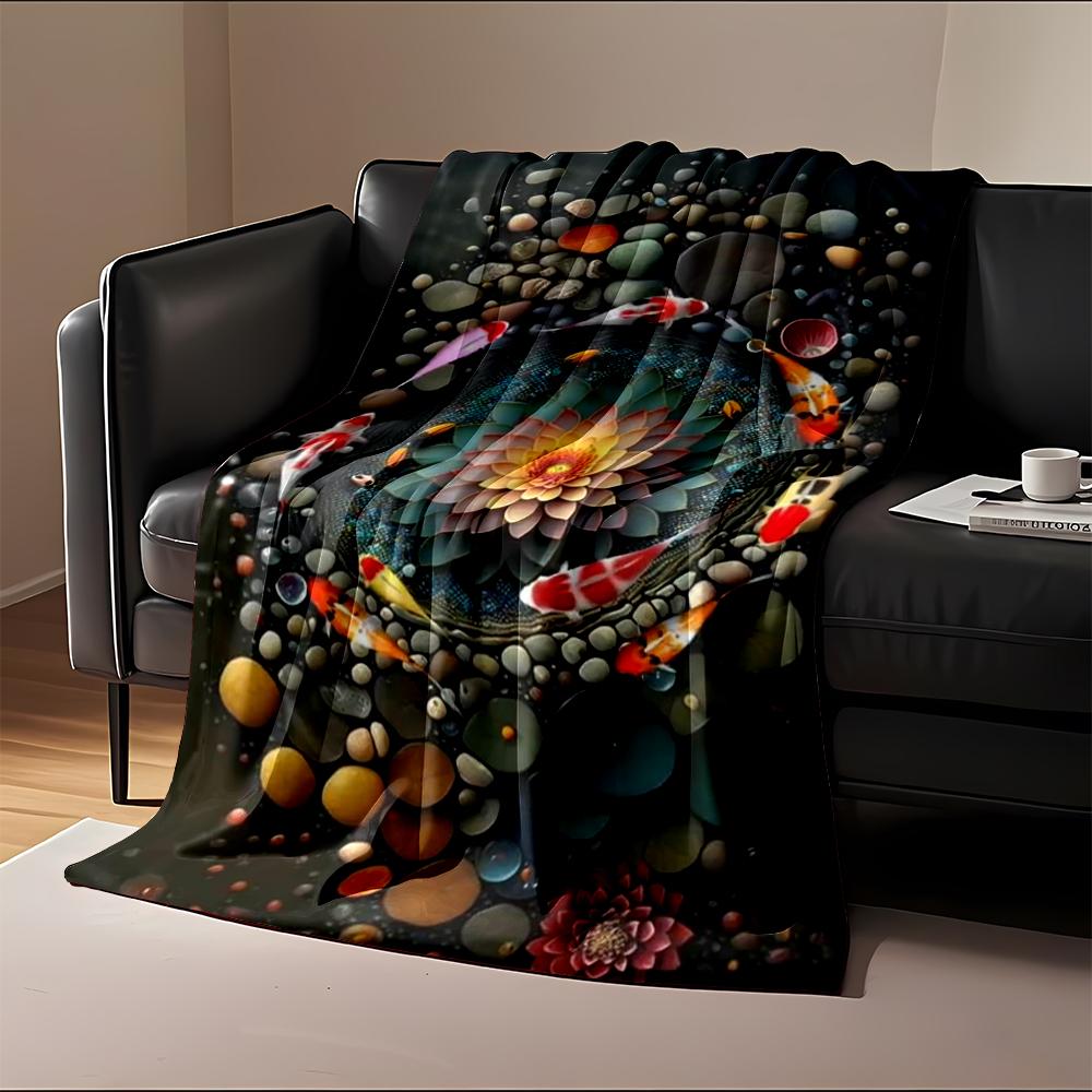 Colorful Koi Fish and Lotus Pond Design Flannel Blanket for Bedroom, Living Room, Sofa, and Nap Sofas