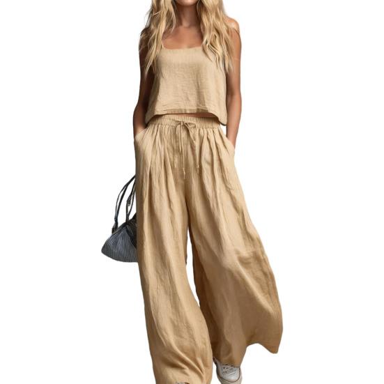 Sommer ärmelloses 2-teiliges Outfit für Damen, lässiges Crop-Cami-Top und weite Hosen, Loungewear-Partnerlook-Sets mit Taschen