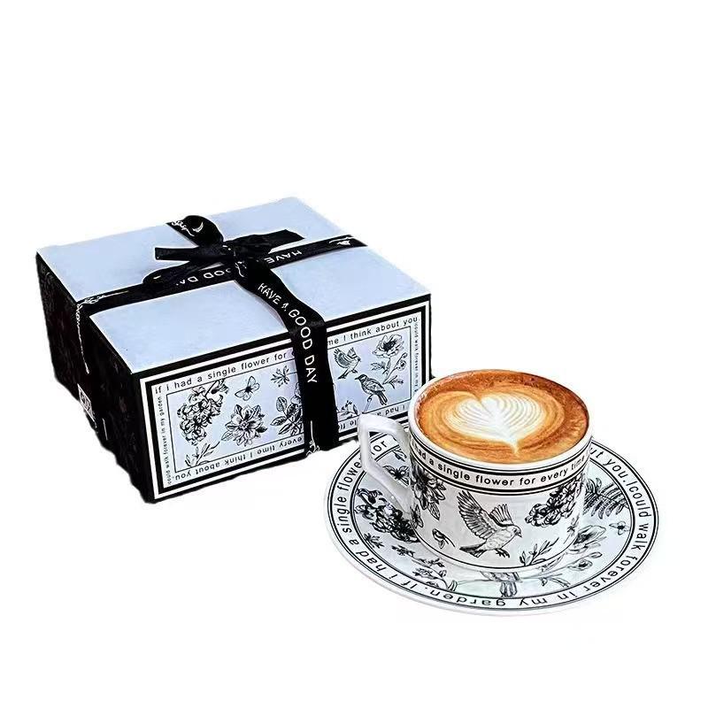 Exquisite Retro Floral Black & White Coffee Cup Set - Luxury Summer Gift Box