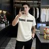 Men Cream Lapel Polo Shirt Double Black Horizontal Stripe Short Sleeve Casual Top