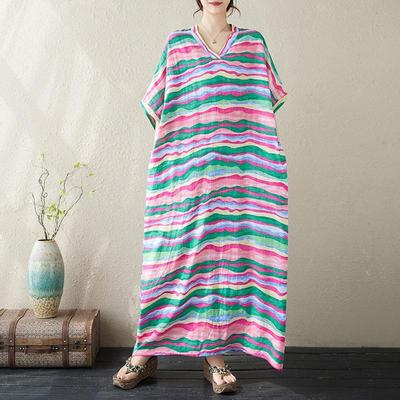 Short Sleeve Plus Size Cotton Vintage Stripe New In Dresses for Women Casual Loose Maxi Long Summer Dress