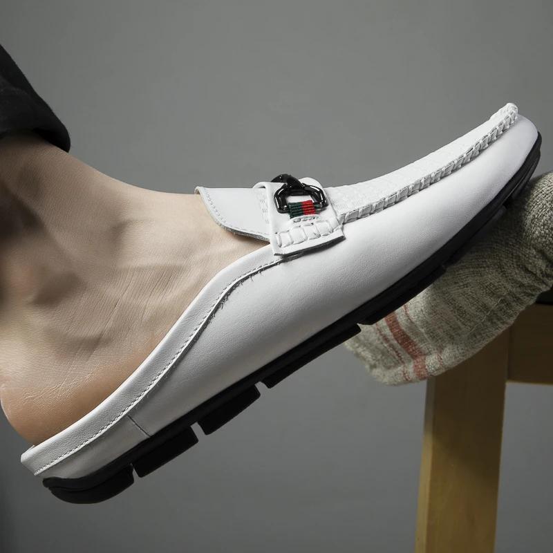 2024 New Summer Soft Sole Men's Slippers Genuine Leather Half Slippers for Men Casual Shoes Breathable Shoes Lightweight Sandals