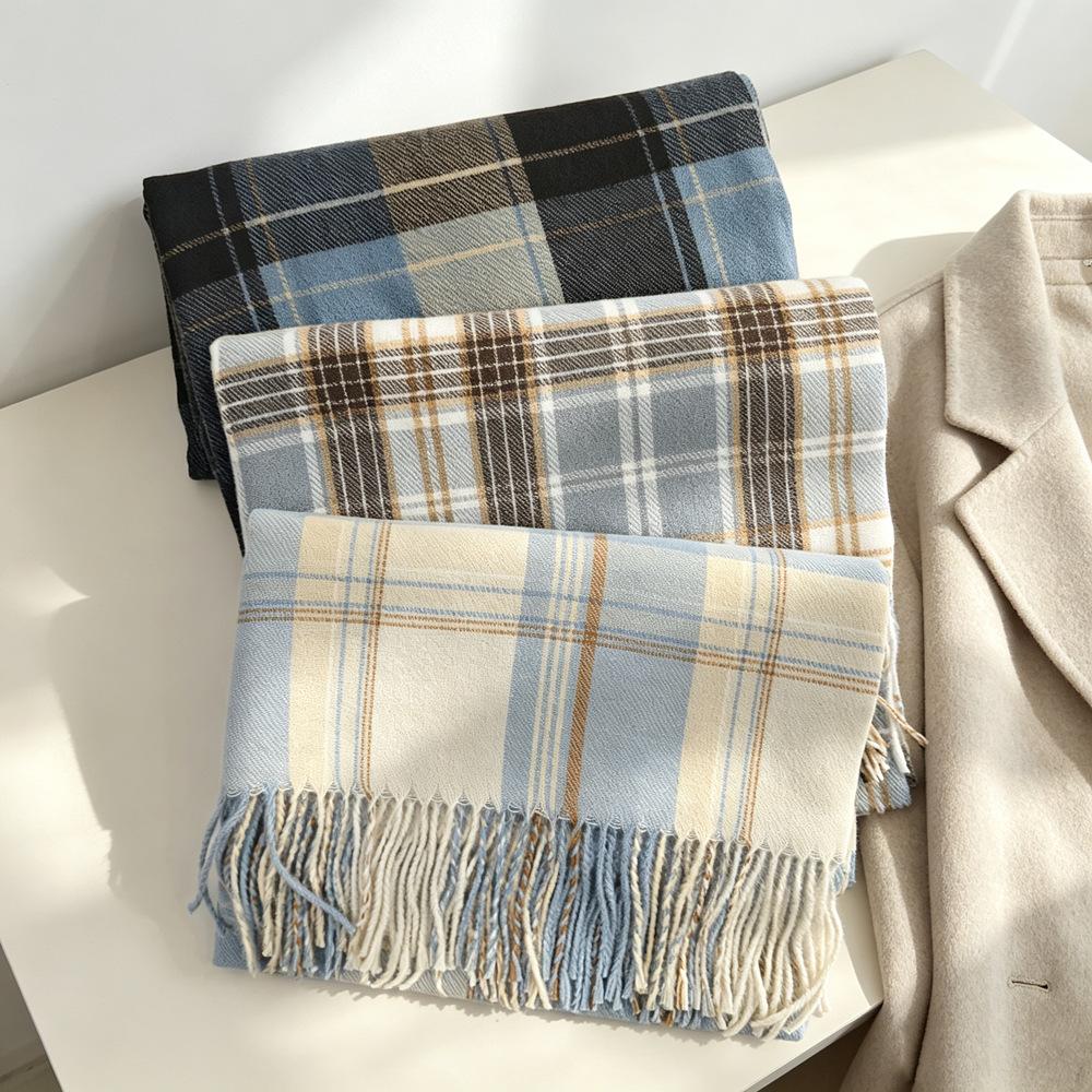 1116 new soft waxy blue and white plaid fringed scarf Korean warm autumn and winter thickened student high-end scarf
