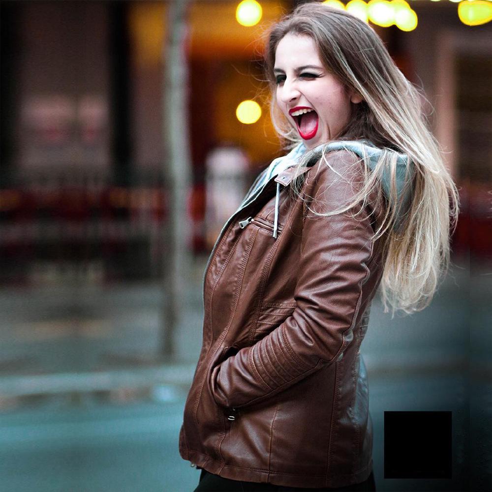 European Women's Slim Fit PU Leather Motorcycle Jacket with Detachable Hood