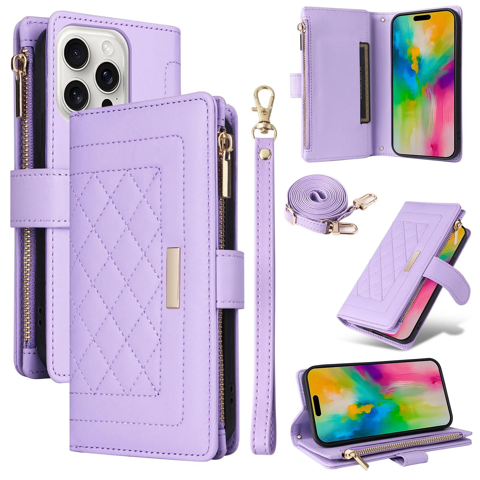

Crossbody Zipper Card Solt Wallet Leather Case For iPhone 16 Pro Max 15 Plus 14 13 12 11 XS XR X SE 2022 Lanyard Bag Pouch Cover For iPhone SE (2022) світло-фіолетового кольору
