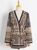 2025 Summer Women's Vintage V-Neck Beaded Printed Jacket - European & American Style, Light Luxury Long Sleeve Small Suit