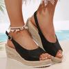 Fashion Sexy Black Peep Toe Sandals Women 2025 Summer Wedge Heels Back Strap Shoes Women Casual Hemp Sole Beach Sandals Plus Size 43