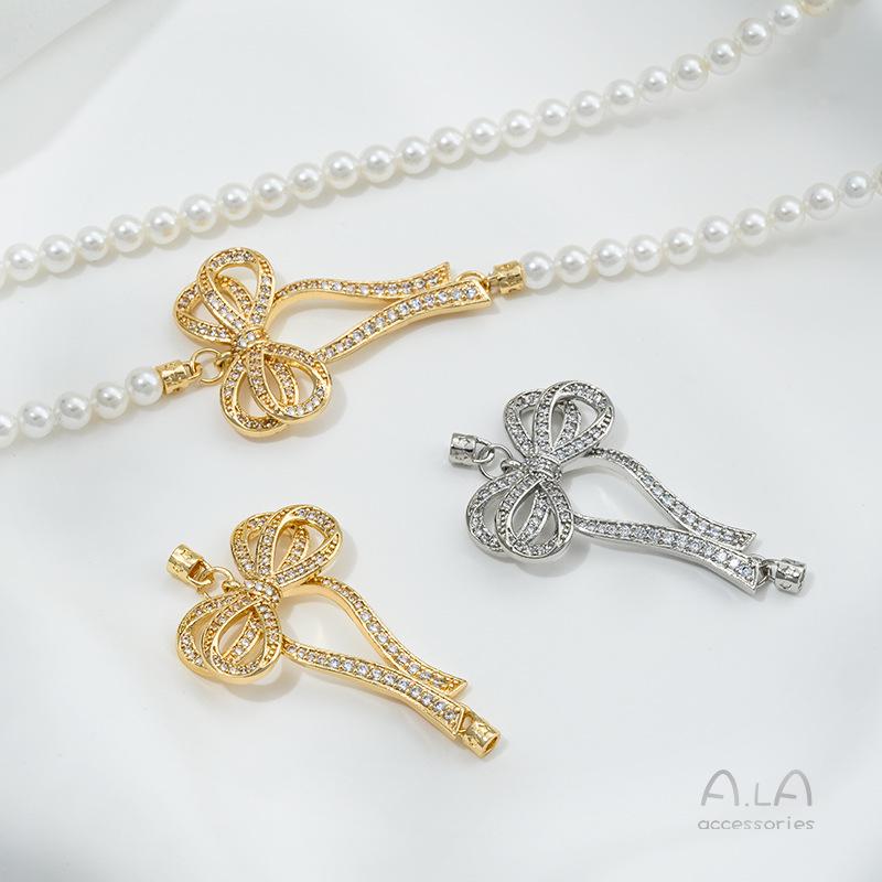 14K Gold-filled Zircon Bow Pearl Necklace with Clasp Pendant: Handmade Beaded Accessory