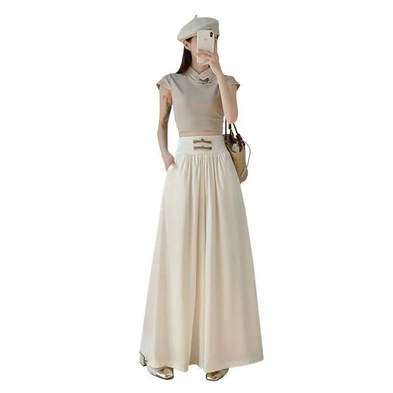 New Chinese style national style disc-buckled ice silk chiffon large pants wide-leg pants women's spring and summer high-waisted versatile casual pant