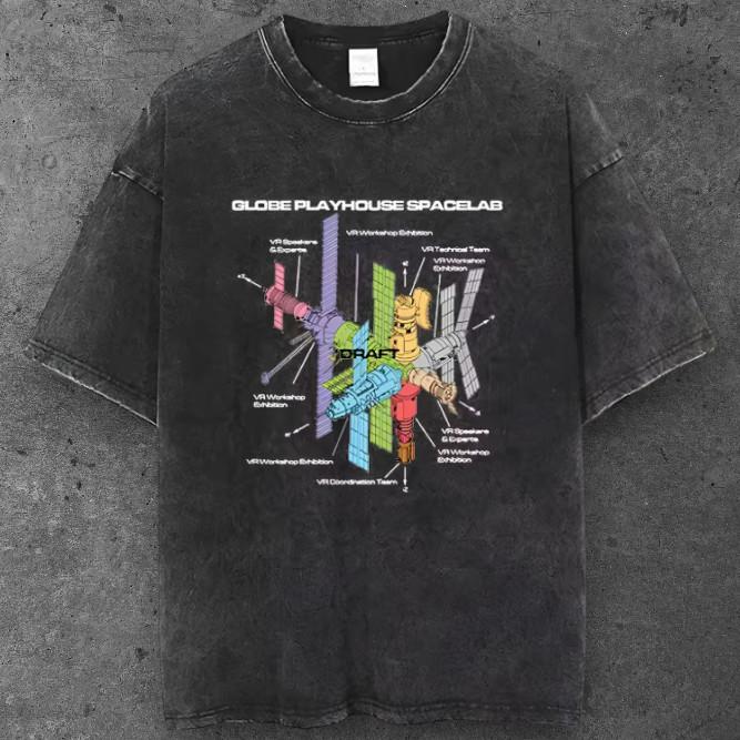 Unisex Satellite Diagram Oversized T Shirt Washed Black Grunge Aesthetic S-2XL S разноцветный