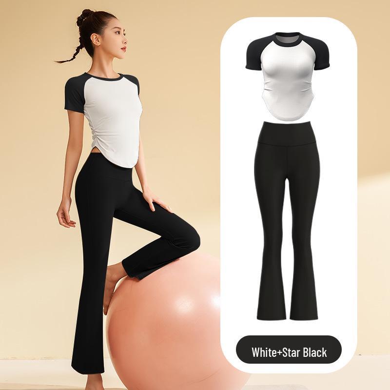 Damen Nude Feel Yoga Set: Schnelltrocknendes Kurzarm-Top & Lange Hose für Outdoor-Fitness