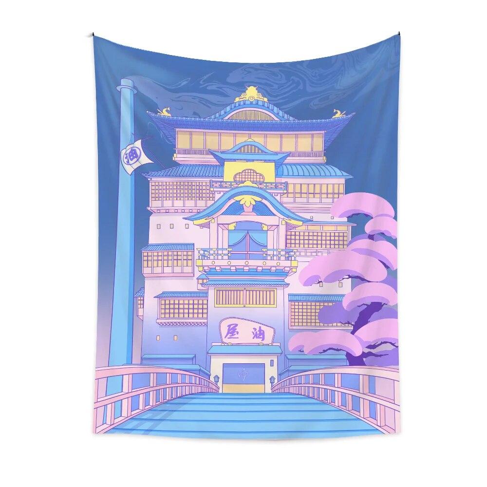 Purple landscape city building tapestry anime character wall hanging cloth bedside carpet room decoration tapestry