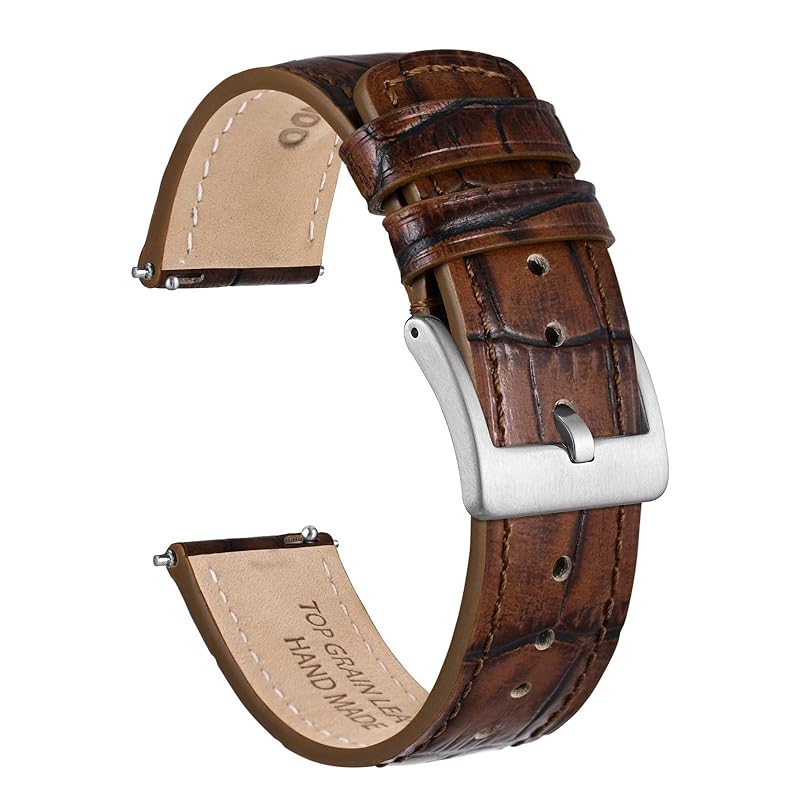 

[Ayadoo] watch band 20mm top grain leather watch band Crocodile pattern, khaki brown leather, silver buckle replacement belt Quick Release