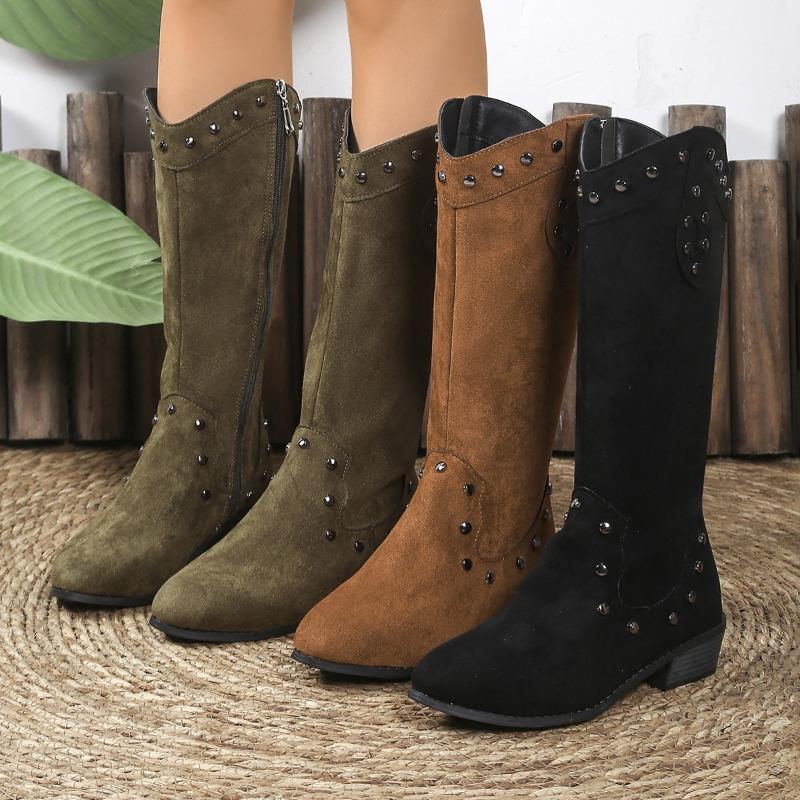 Women's Retro V-Cut Western Cowboy Boots, Pointed Toe Chunky Heel Fashion Boots, Plus Size Fall Winter Shoes
