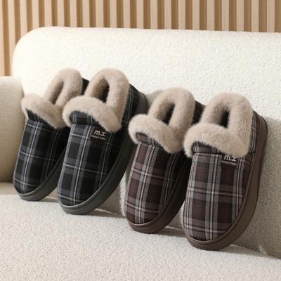 Fashion Fashion Couple Winter Toe Wrap Warm Plaid Cotton Slippers Thick Soft Sole Slides Men Women Indoor Floor Flat Home Non-slip Shoes