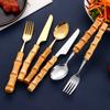 7Pcs Natural Bamboo Handle Stainless Steel Tableware Sets Flatware Set Dinnerware Steak Knife Cutlery Dessert Spoon and Fork Set