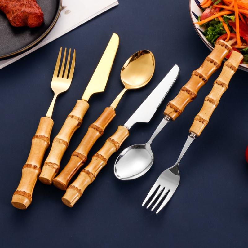 7Pcs Natural Bamboo Handle Stainless Steel Tableware Sets Flatware Set Dinnerware Steak Knife Cutlery Dessert Spoon and Fork Set