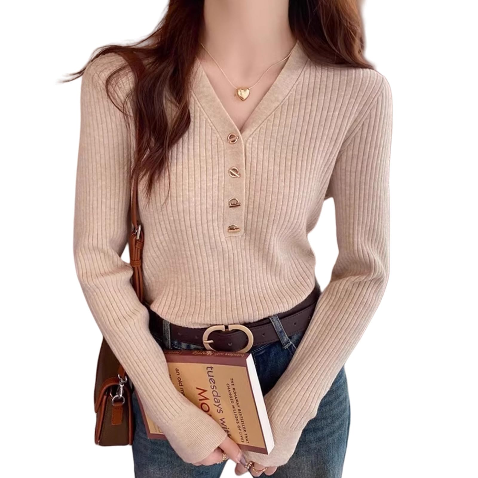 Ishihara liacceai Long Pullover Perfect for and Winter Women s Rip-Knit Sweater, V-Neck, Sleeve, Lightweight, Top, Casual, Stylish, Slimming,