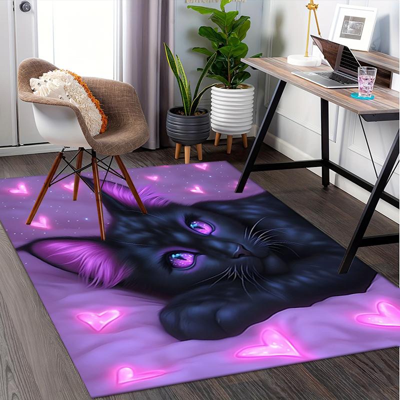 Charming Black Cat Chair Mat Office Carpet with Pink Hearts, Large Rug for Home Decor, Sofa Mat, Gift Idea for Any Room