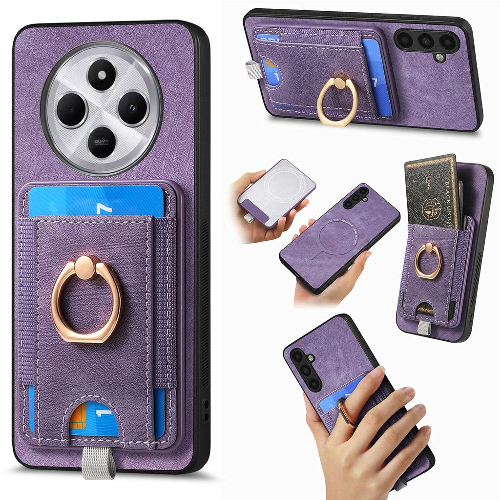 Magnetic Phone Case For Xiaomi Redmi 14C 4G/14R 5G/Poco C75 4G PU Leather Back Cover with Card Holder Ring Kickstand