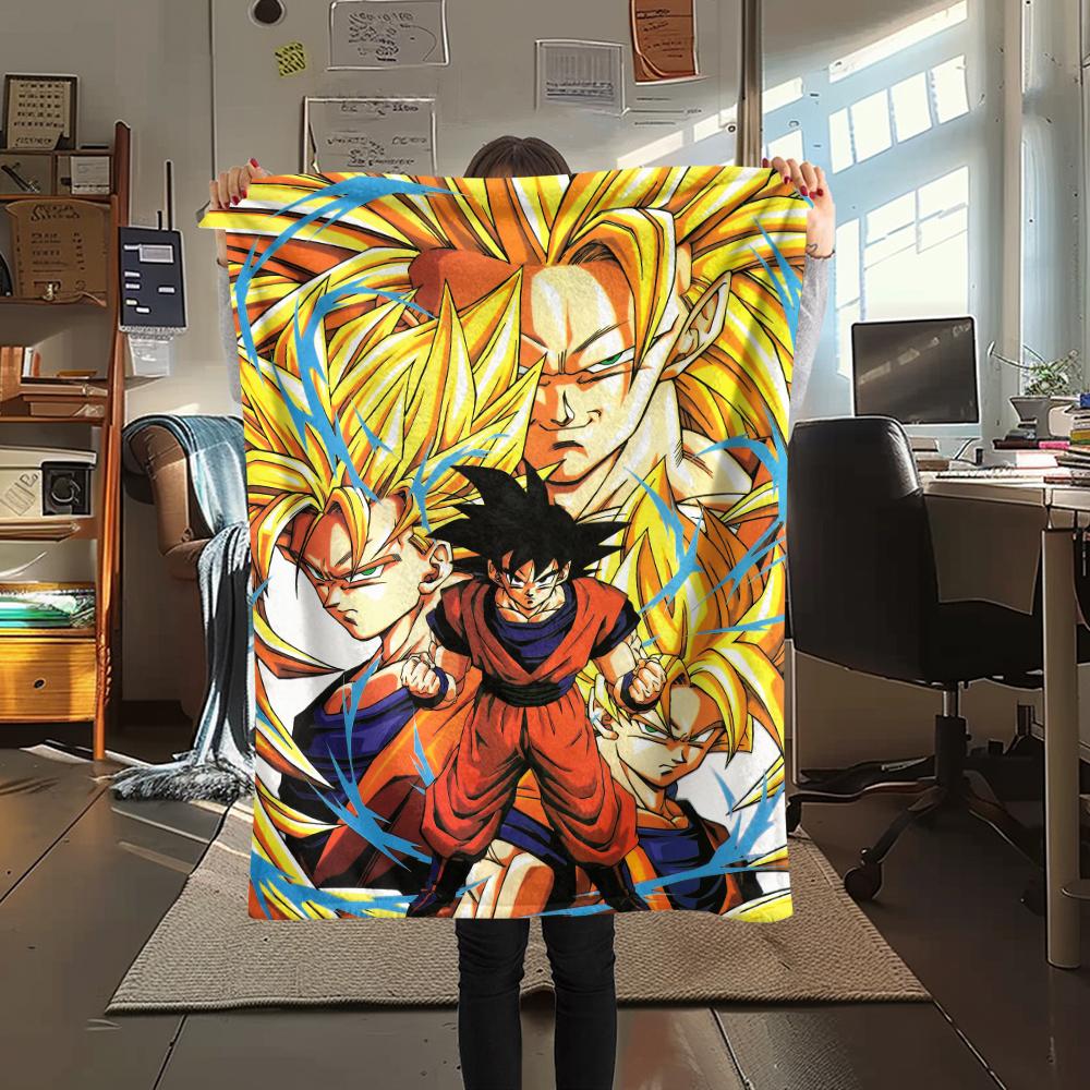 Goku Cartoon Pattern Flannel Blanket, High Quality Comfortable for All Seasons, Home Decor, Warmth and Comfort, Perfect for Gifts.