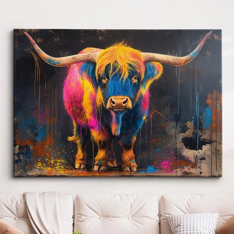 Tapestry is a colorful painting depicting a Scottish highland cow. 75x100