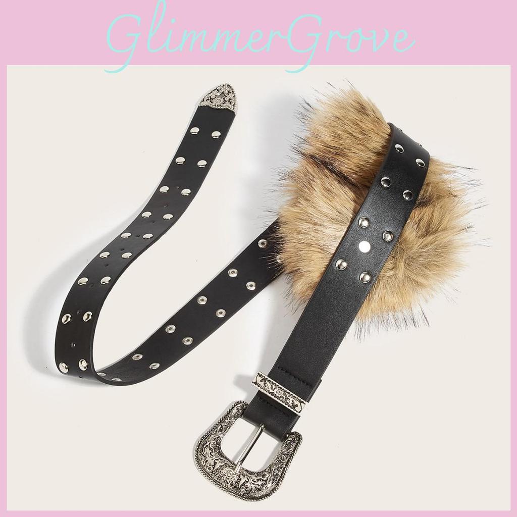 Wide Pu Leather Belt Artificial Fur Design And Carved Needle Buckle For Streetwear Style Enthusiasts