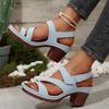Fashion Classic Round Toe Back Strap Sandals Women 2025 Summer Square High Heels Shoes Women Daily Solid Blue Comfortable Shoes