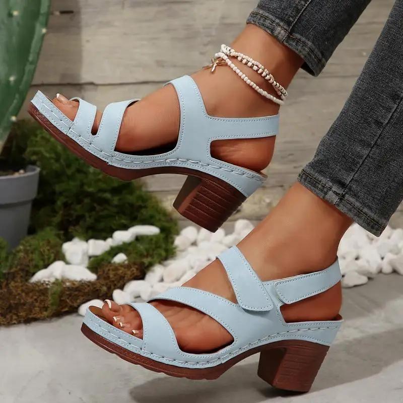 Fashion Classic Round Toe Back Strap Sandals Women 2025 Summer Square High Heels Shoes Women Daily Solid Blue Comfortable Shoes