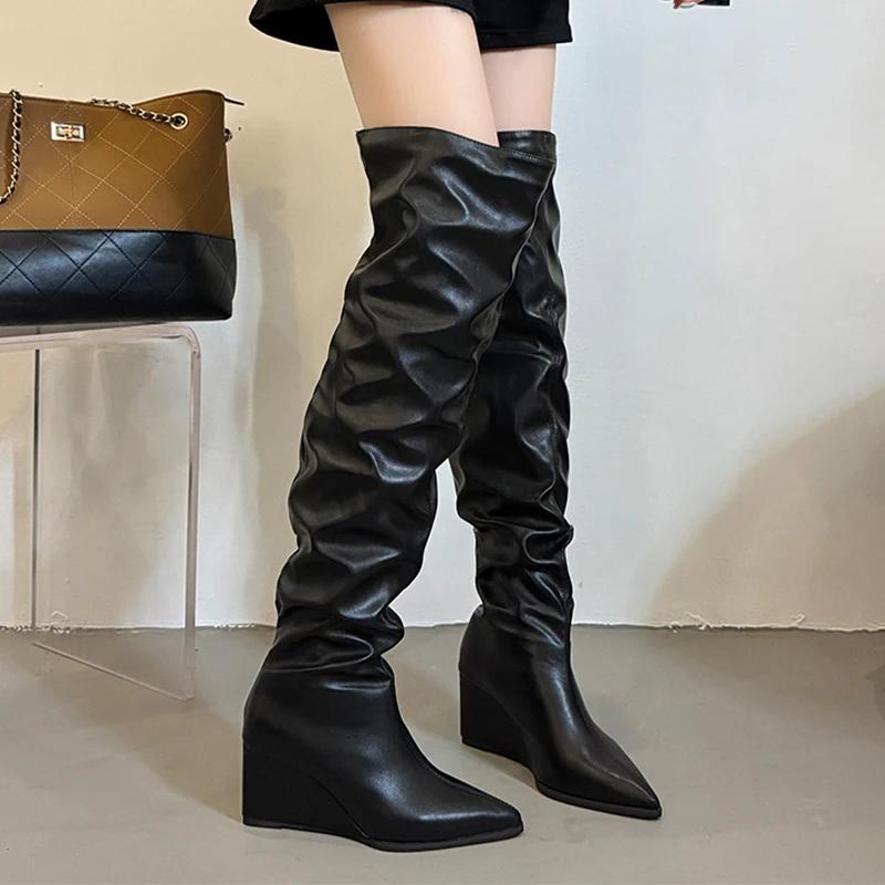 Wedges Women's High Boots High Heels Fad Pointed Toe Shoes  Luxury Pumps Long Boots New Elegant Dress Chelsea Mujer Botas