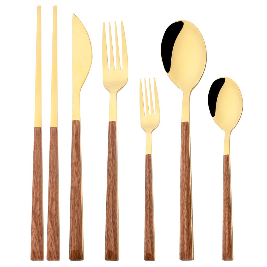 6Pcs Wood Handle Cutlery Set Steak Knife Fork Tea Spoon Chopsticks Dinnerware Stainless Steel Tableware Western Kitchen Flatware