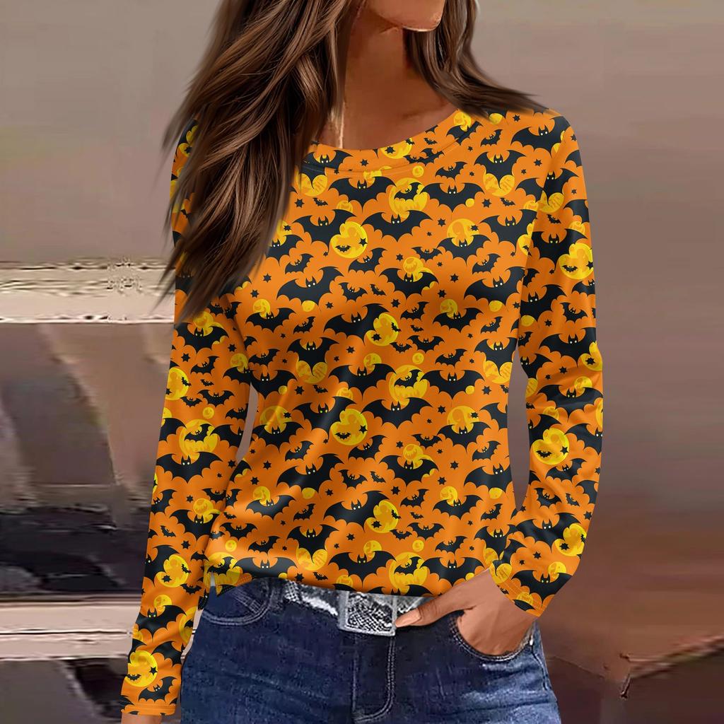 Women's Fashion Hem Slit Casual Halloween Printed Round Neck Long Sleeve Top